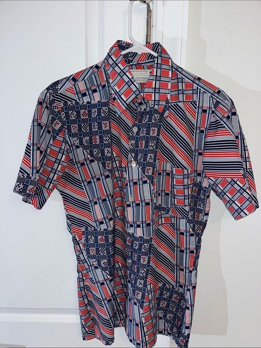 Vintage Red White Blue Geo Patterned Shirt M Golden Arrow Disco Big Collar 70’s